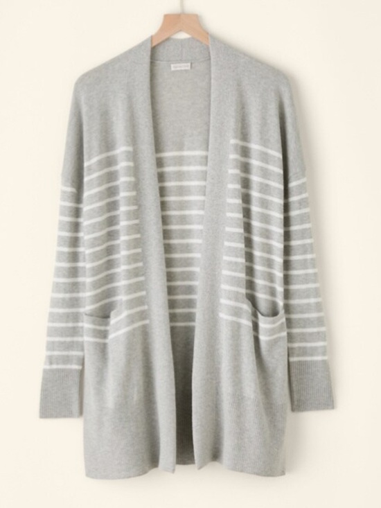 Garnet Hill Sweaters - Garnet Hill Gray/White Striped Long Cardigan in Merino Wool/Cotton Knit Size XS